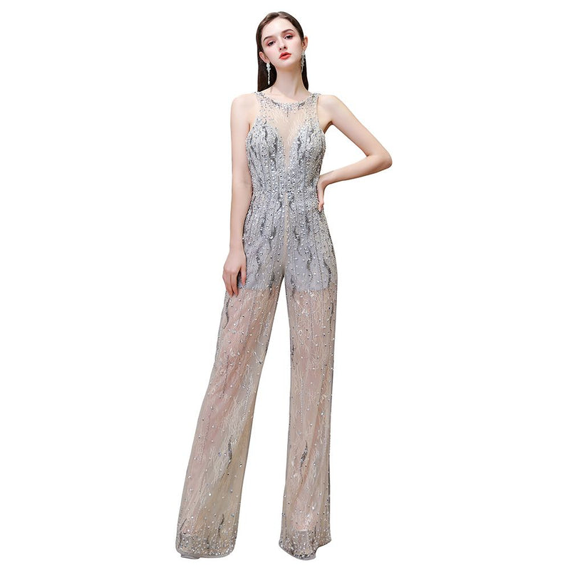 Sparkle Illusion High neck See-through Prom Jumpsuit-Ballbella