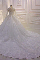 Sparkle Lace Ball Gown High Neck Tull Long Sleevess Wedding Dress-Ballbella