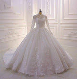 Sparkle Lace Ball Gown High Neck Tull Long Sleevess Wedding Dress-Ballbella