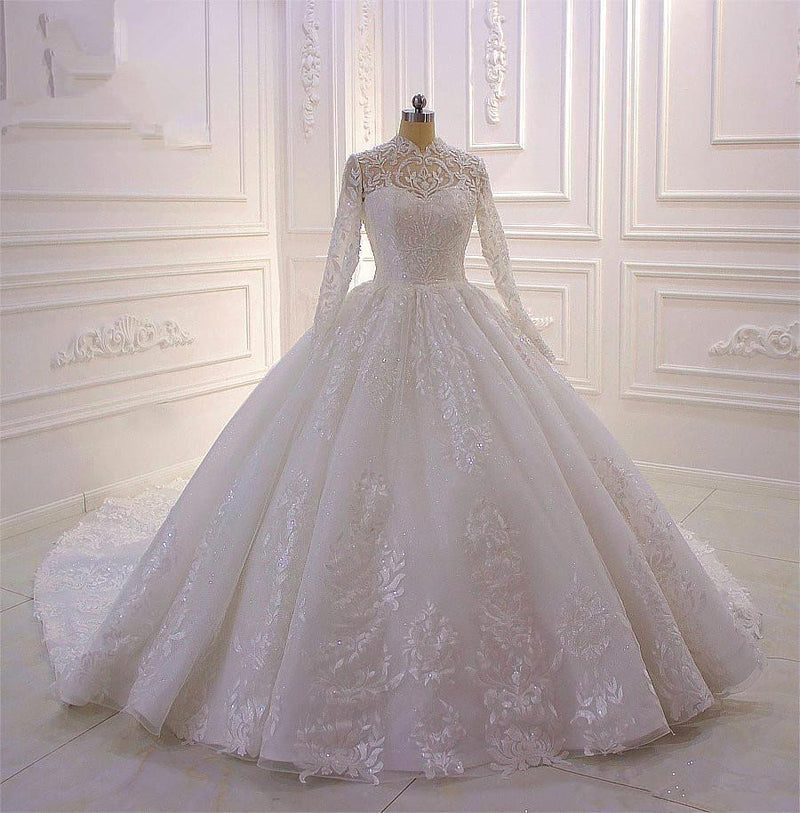 Sparkle Lace Ball Gown High Neck Tull Long Sleevess Wedding Dress-Ballbella