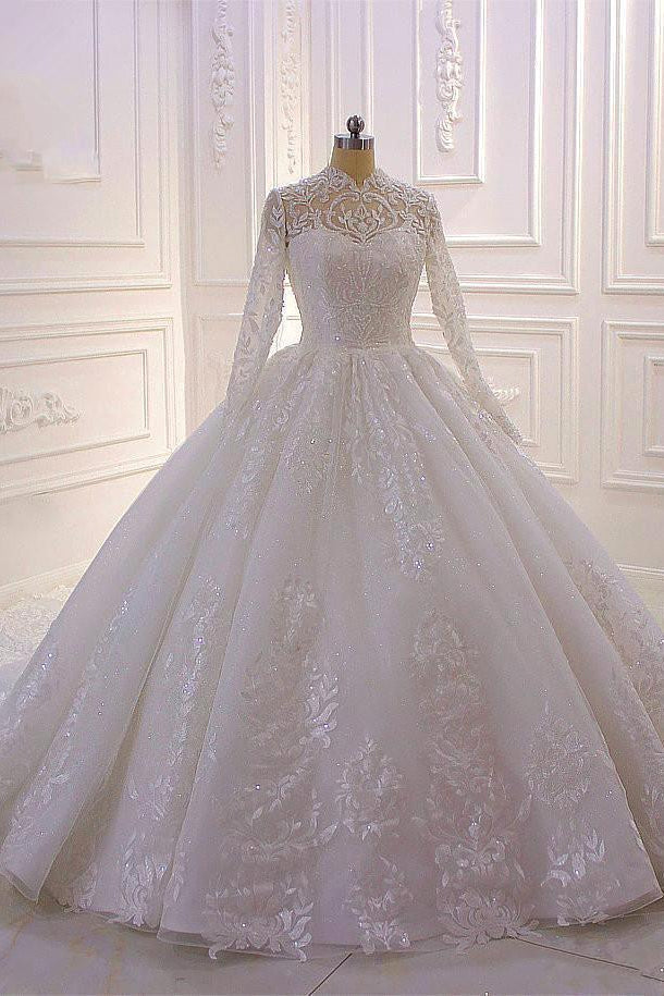 Sparkle Lace Ball Gown High Neck Tull Long Sleevess Wedding Dress-Ballbella