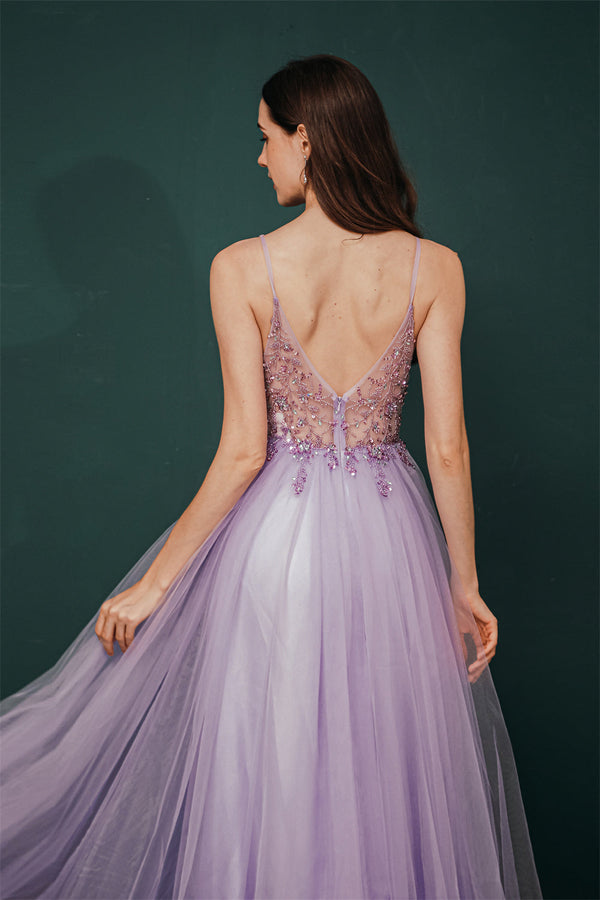 Sparkle Lilac Tulle High-split Spaghetti Strap Prom Dress-Ballbella