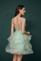 Sparkle Mint Green SPAGHETTI STRAP Beaded Homecoming Dress-Ballbella