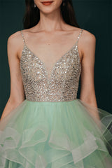 Sparkle Mint Green SPAGHETTI STRAP Beaded Homecoming Dress-Ballbella