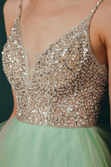 Sparkle Mint Green SPAGHETTI STRAP Beaded Homecoming Dress-Ballbella