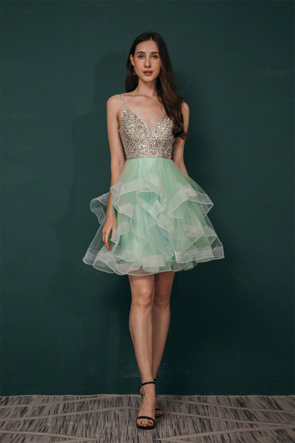 Sparkle Mint Green SPAGHETTI STRAP Beaded Homecoming Dress-Ballbella