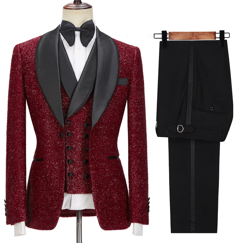 Sparkle Red Three Pieces Wedding Suits with Black Shawl Lapel Ballbella