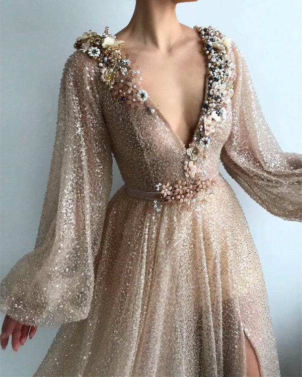 Sparkle Sequins Long Sleevess Prom Party Gowns| Chic V-neck Front Slit Long Prom Party Gowns-Ballbella