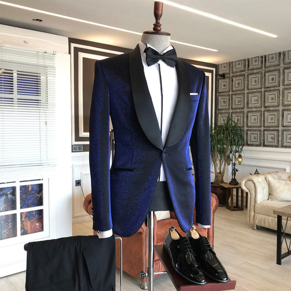 Discover Sparkly Navy Blue Shawl Lapel Wedding Suits with Black Lapel with ballbella. Shop for a range of Dark Navy Shawl Lapel Men Suits for every occasion with rush order service in cheap price.