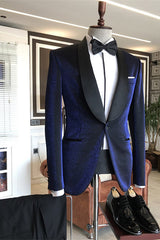 Discover Sparkly Navy Blue Shawl Lapel Wedding Suits with Black Lapel with ballbella. Shop for a range of Dark Navy Shawl Lapel Men Suits for every occasion with rush order service in cheap price.