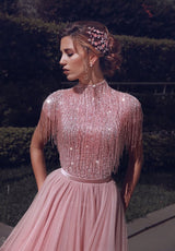 Special High Neck Tassel Beading Cap Sleeves Princess Prom Dresses Blushing Pink Evening Gowns-Ballbella