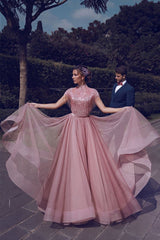 Special High Neck Tassel Beading Cap Sleeves Princess Prom Dresses Blushing Pink Evening Gowns-Ballbella