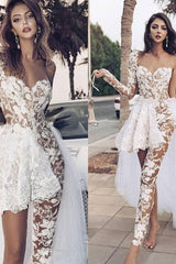 Special Two-piece Tulle Hi-lo Wedding Dress Lace Short Sexy One Shoulder With Long Sleeve On One Side-Ballbella