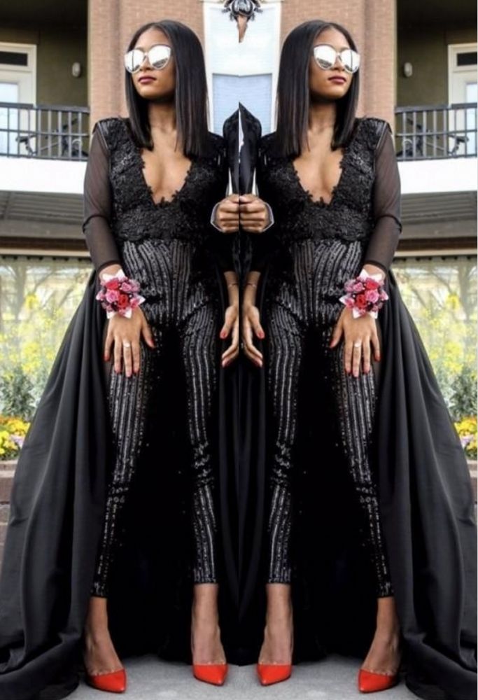 Special V-neck Long Sleevess Lace Prom dresses with Sequins Trousers Floor Length-Ballbella