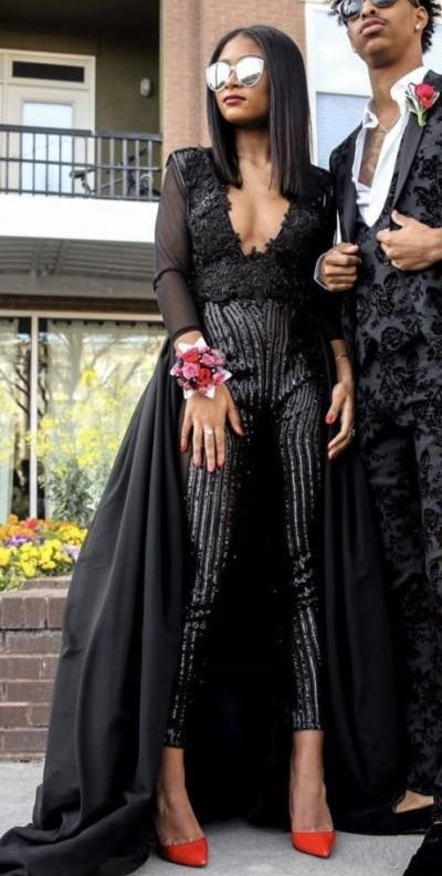 Special V-neck Long Sleevess Lace Prom dresses with Sequins Trousers Floor Length-Ballbella