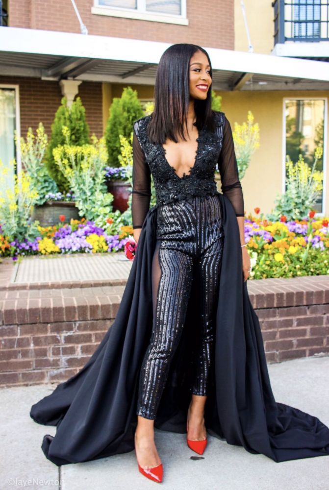 Special V-neck Long Sleevess Lace Prom dresses with Sequins Trousers Floor Length-Ballbella