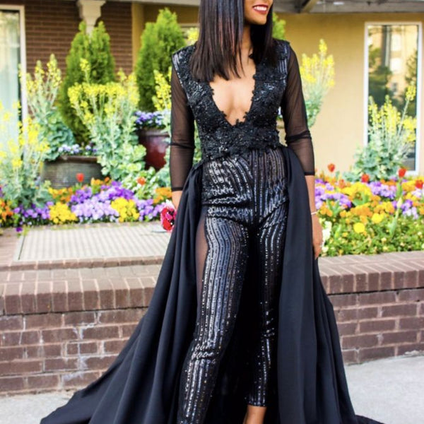 Elegant V Neck Black Sequin Jumpsuit Formal Evening Dress