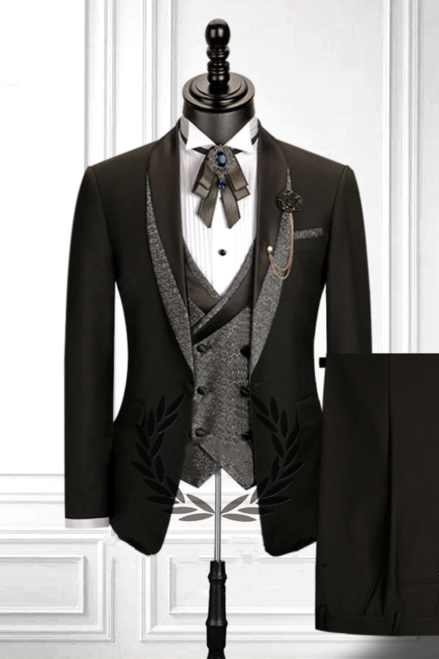 Stitching Shawl Lapel Black Three-piece Men Suit with Double Breasted ...