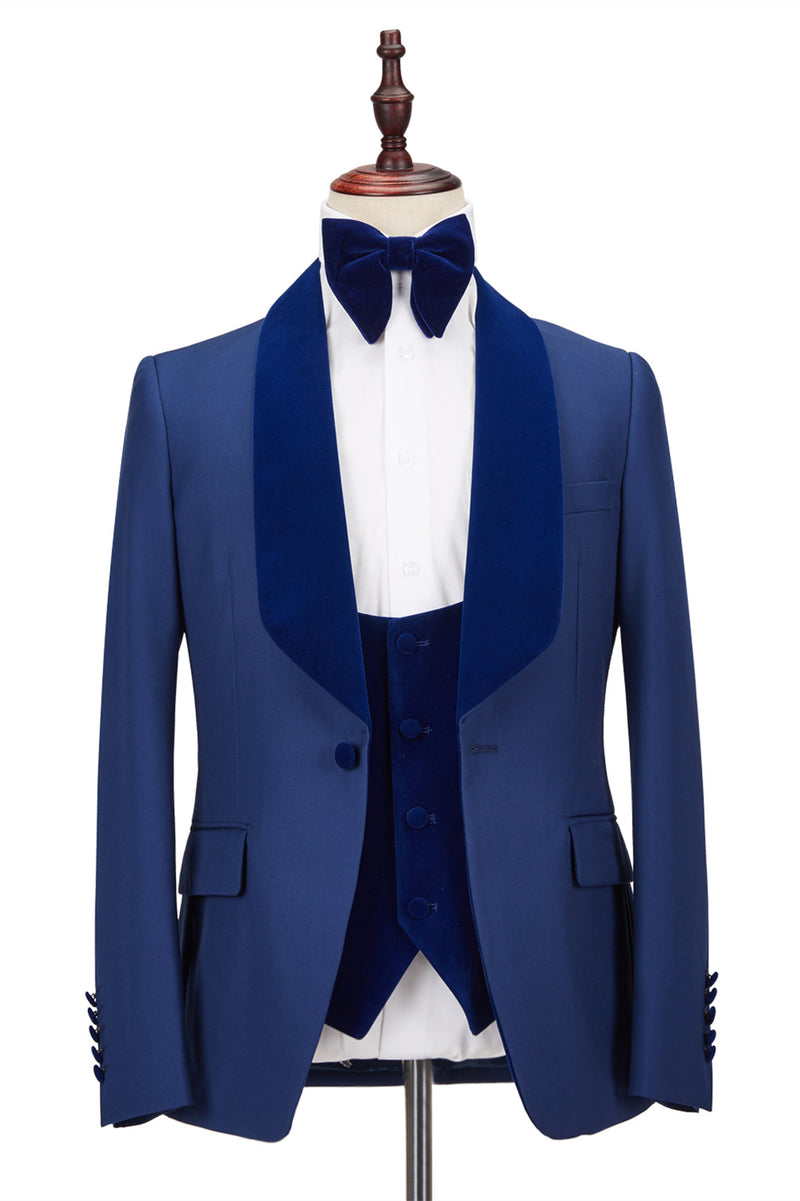 Stitching Velvet Shawl Lapel Royal Blue One Button Men Formal Prom Suit Wedding Tuxedos Online-Ballbella