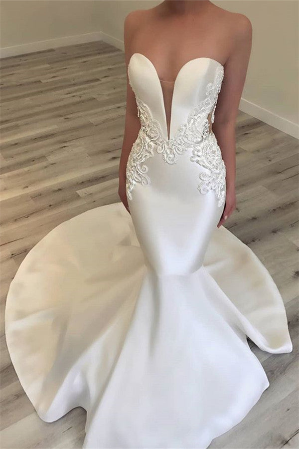 Strapless Appliques Wedding Dresses Classic Mermaid Open Back Dresses for Weddings-Ballbella