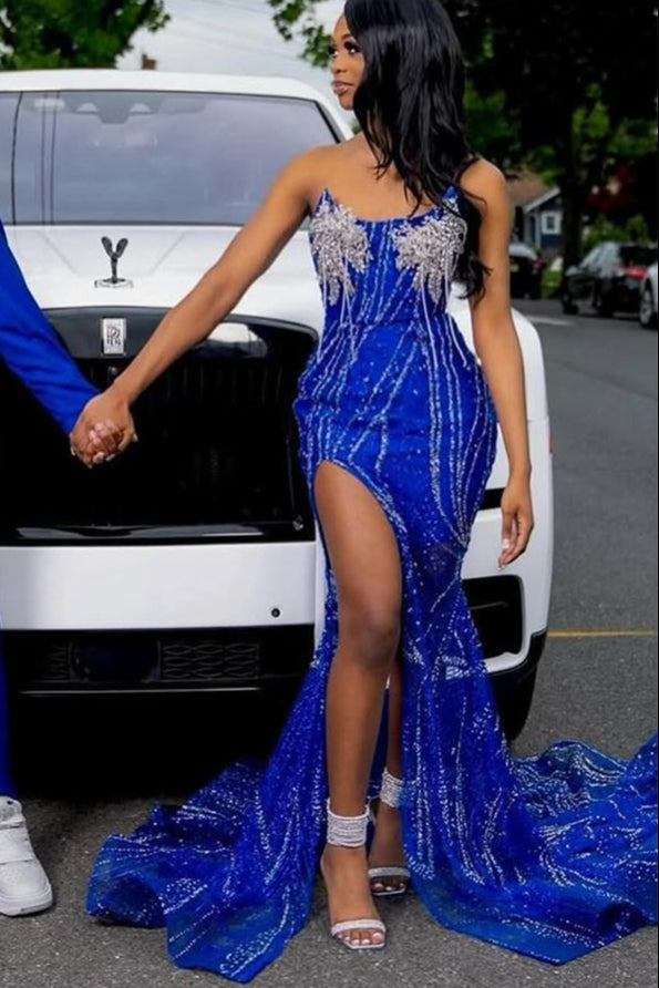 Strapless Royal Blue Silver Beaded Mermaid High Split Prom Dresses-Ballbella