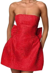 Strapless Ruched Satin SHort Party Dress Backless Jacquard Homecoming Dress with Bow - Prom Dresses