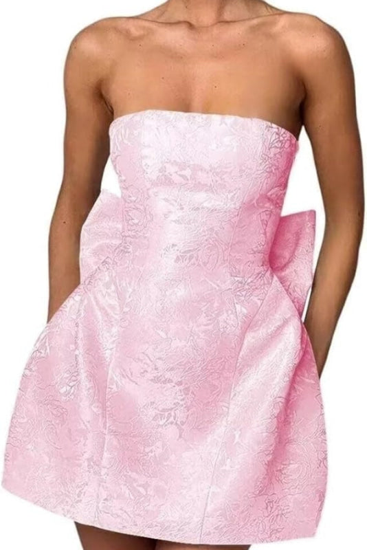 Strapless Ruched Satin SHort Party Dress Backless Jacquard Homecoming Dress with Bow - Prom Dresses