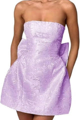 Strapless Ruched Satin SHort Party Dress Backless Jacquard Homecoming Dress with Bow - Prom Dresses