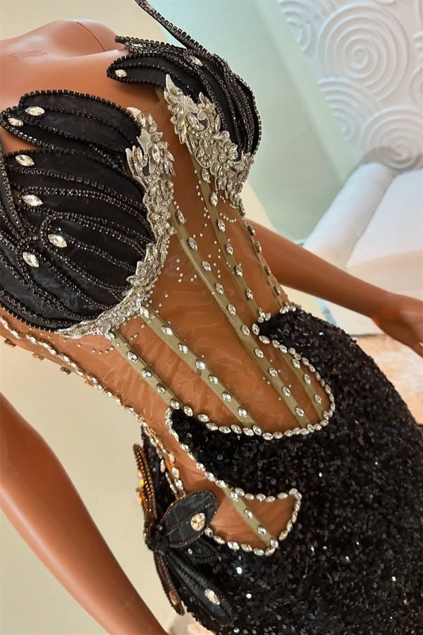 Strapless Silver Beaded Black See through Mermaid Sequin Prom Dresses-Ballbella