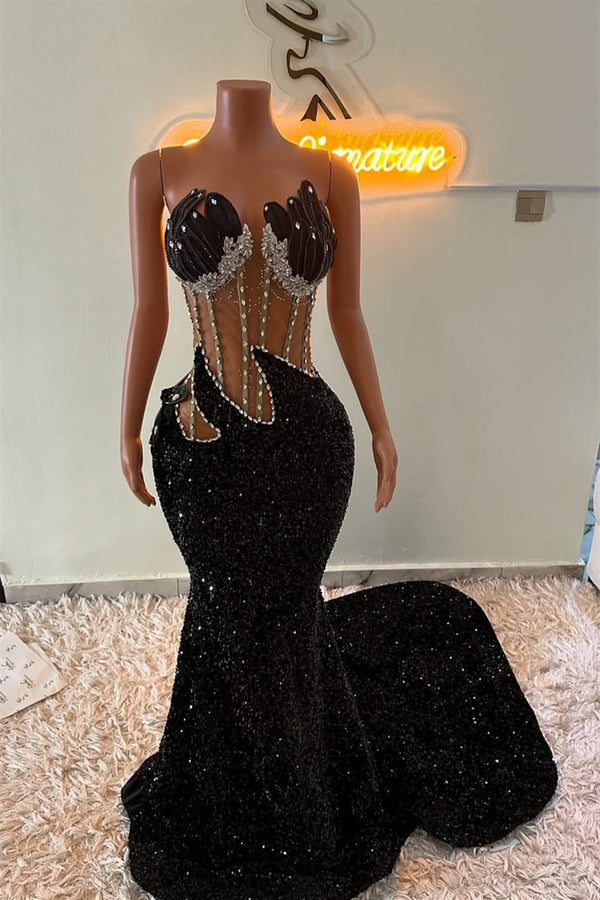 Strapless Silver Beaded Black See through Mermaid Sequin Prom Dresses-Ballbella