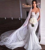 Strapless Sweetheart Beads Mermaid Wedding Dresses Appliques Tulle Bridal Gowns-Ballbella