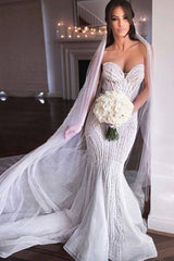 Strapless Sweetheart Beads Mermaid Wedding Dresses Appliques Tulle Bridal Gowns-Ballbella