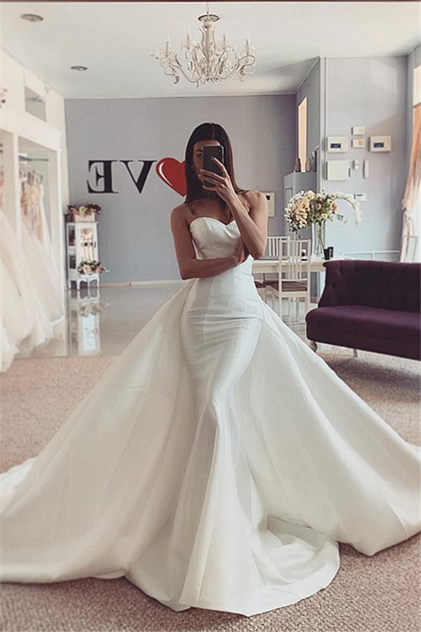 Strapless White Mermaid Wedding Dress with trendy overskirt-Ballbella