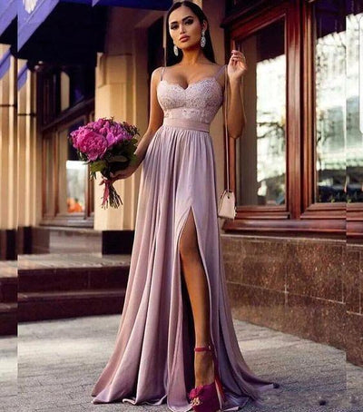 Straps Lace Slit Prom Party Gowns| Sleeveless Lavender Long Formal Chi –  Ballbella