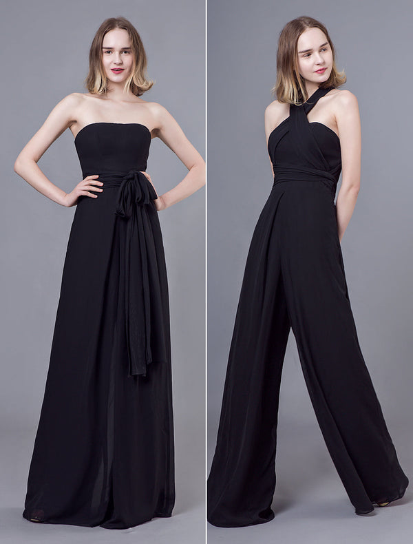 Stunning Black Jumpsuits Formal Evening Wedding Party Convertible Chiffon Long One Size Fits All Bridesmaid Dresses-Ballbella