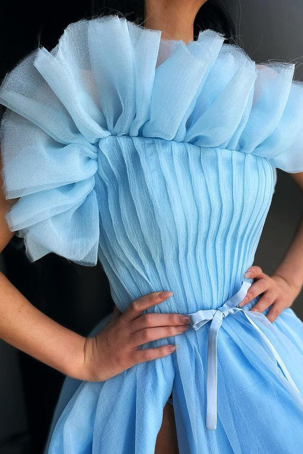 Stunning Blue A-line Side-cut Tulle Floor-length Prom Dress-Ballbella