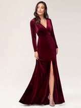 Stunning Burgundy Evening Dress Sheath Long Sleeve V-Neck Velour Social Party Dresses-Ballbella