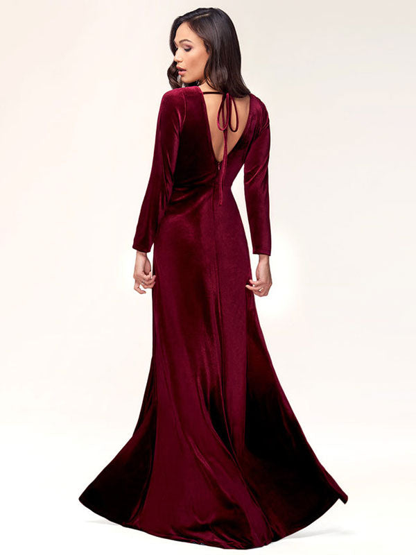 Stunning Burgundy Evening Dress Sheath Long Sleeve V-Neck Velour Social Party Dresses-Ballbella