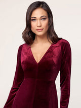 Stunning Burgundy Evening Dress Sheath Long Sleeve V-Neck Velour Social Party Dresses-Ballbella