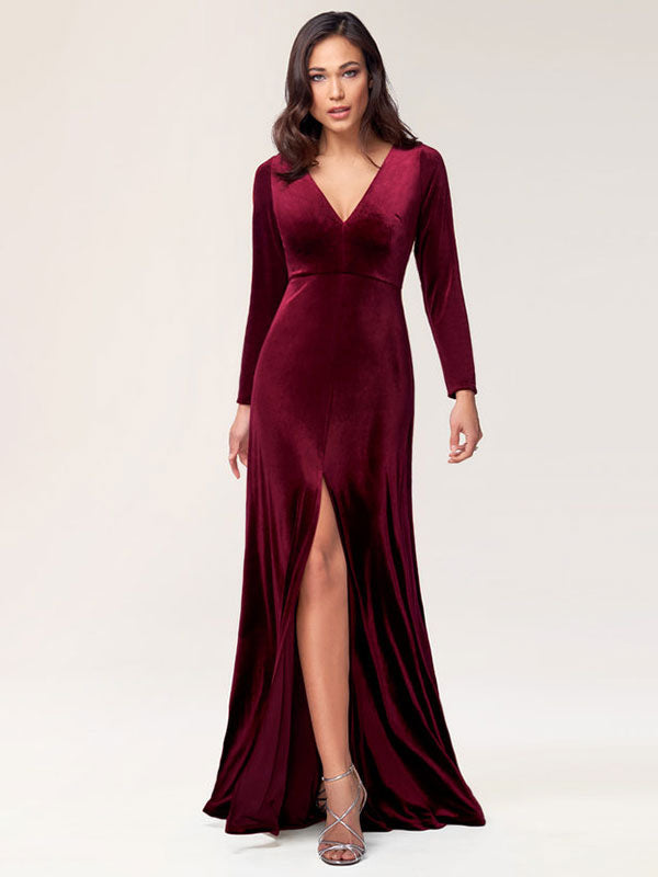 Stunning Burgundy Evening Dress Sheath Long Sleeve V-Neck Velour Social Party Dresses-Ballbella