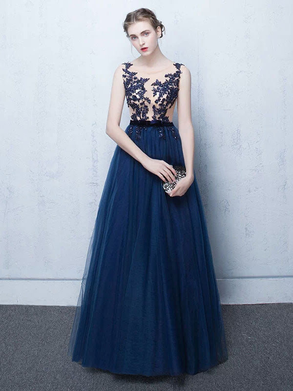 Stunning Dark Navy Evening Dresses Long Tulle Evening Dress Lace Illusion Floor Length Formal Dress-Ballbella