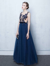 Stunning Dark Navy Evening Dresses Long Tulle Evening Dress Lace Illusion Floor Length Formal Dress-Ballbella