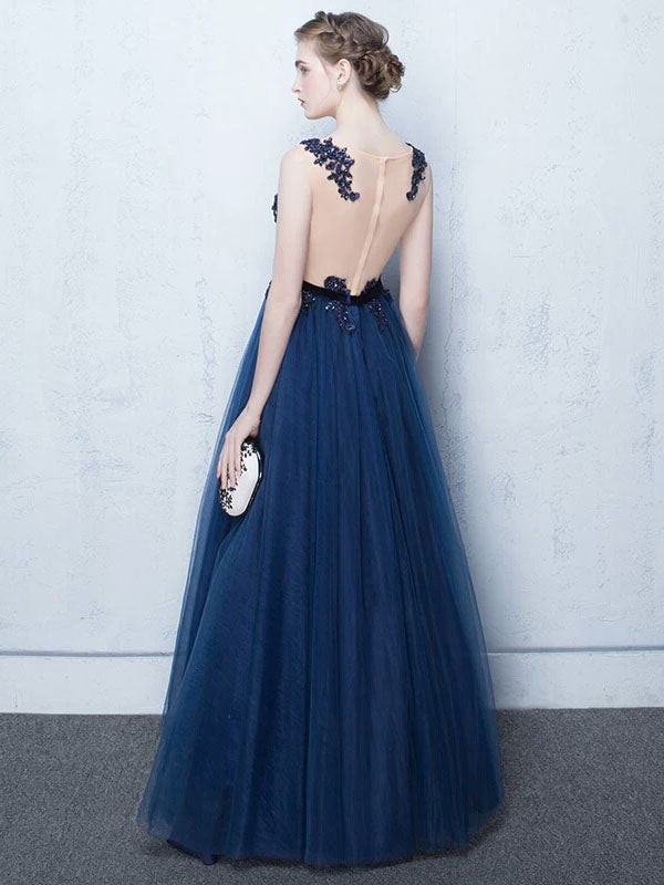 Stunning Dark Navy Evening Dresses Long Tulle Evening Dress Lace Illusion Floor Length Formal Dress-Ballbella