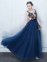 Stunning Dark Navy Evening Dresses Long Tulle Evening Dress Lace Illusion Floor Length Formal Dress-Ballbella