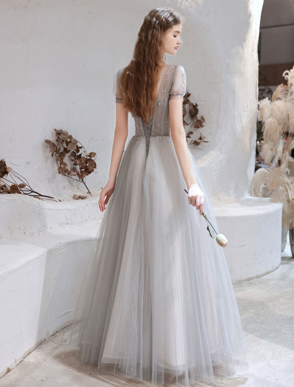 Stunning Evening Dress Light Grey A Line Bateau Neck Floor Length Social Party Dresses Pageant Dress-Ballbella