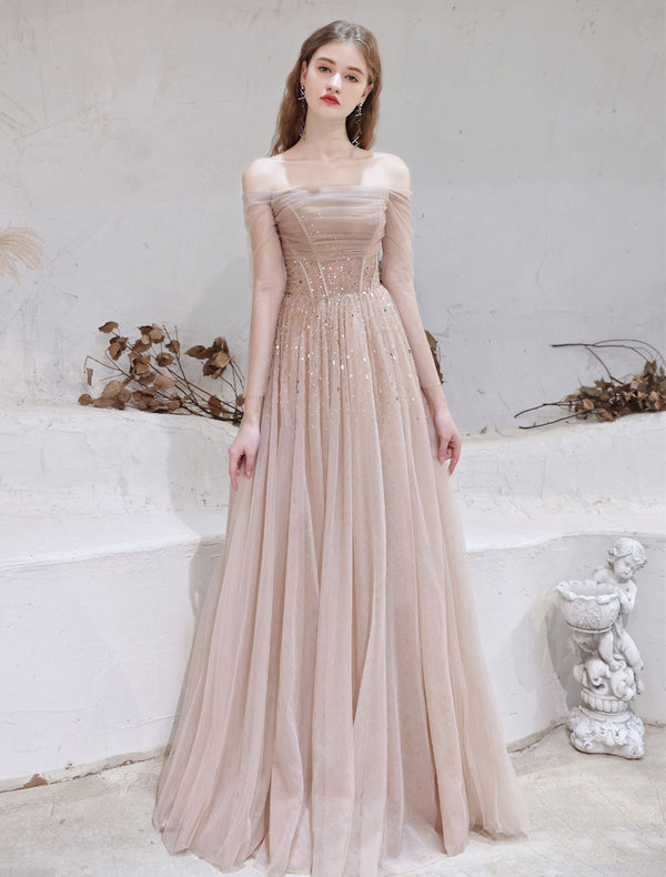 Stunning Evening Dress Nude Color A Line Bateau Neck Floor Length Sequins Formal Party Dresses Pageant Dress-Ballbella