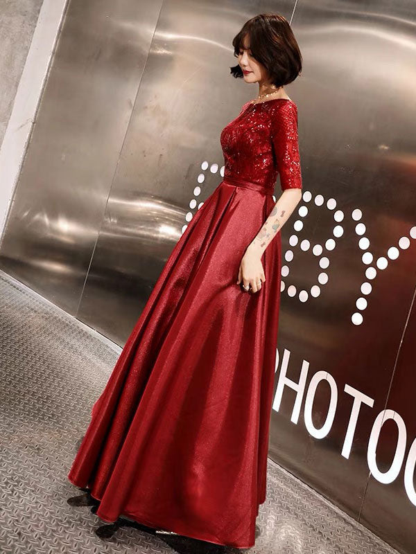 Stunning Evening Dresses Burgundy Half Sleeve Sequin Satin Floor Length Long Prom Gown-Ballbella