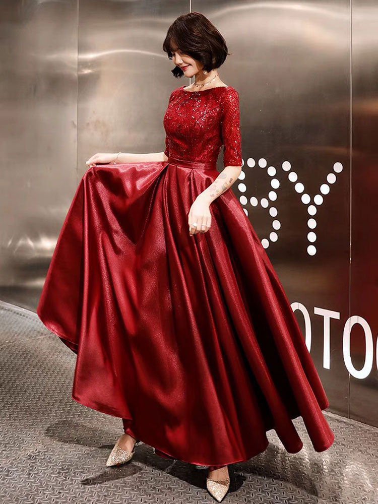 Stunning Evening Dresses Burgundy Half Sleeve Sequin Satin Floor Length Long Prom Gown-Ballbella