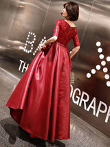 Stunning Evening Dresses Burgundy Half Sleeve Sequin Satin Floor Length Long Prom Gown-Ballbella