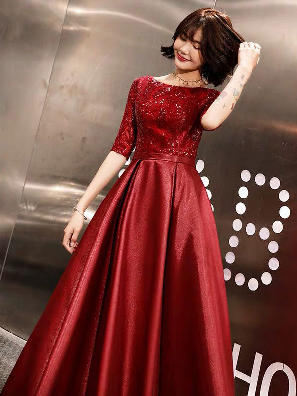 Stunning Evening Dresses Burgundy Half Sleeve Sequin Satin Floor Length Long Prom Gown-Ballbella